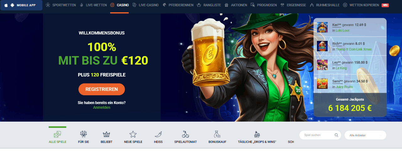 Bono de Bienvenida de 20bet Casino – 100% hasta €120 + 120 Giros Gratis