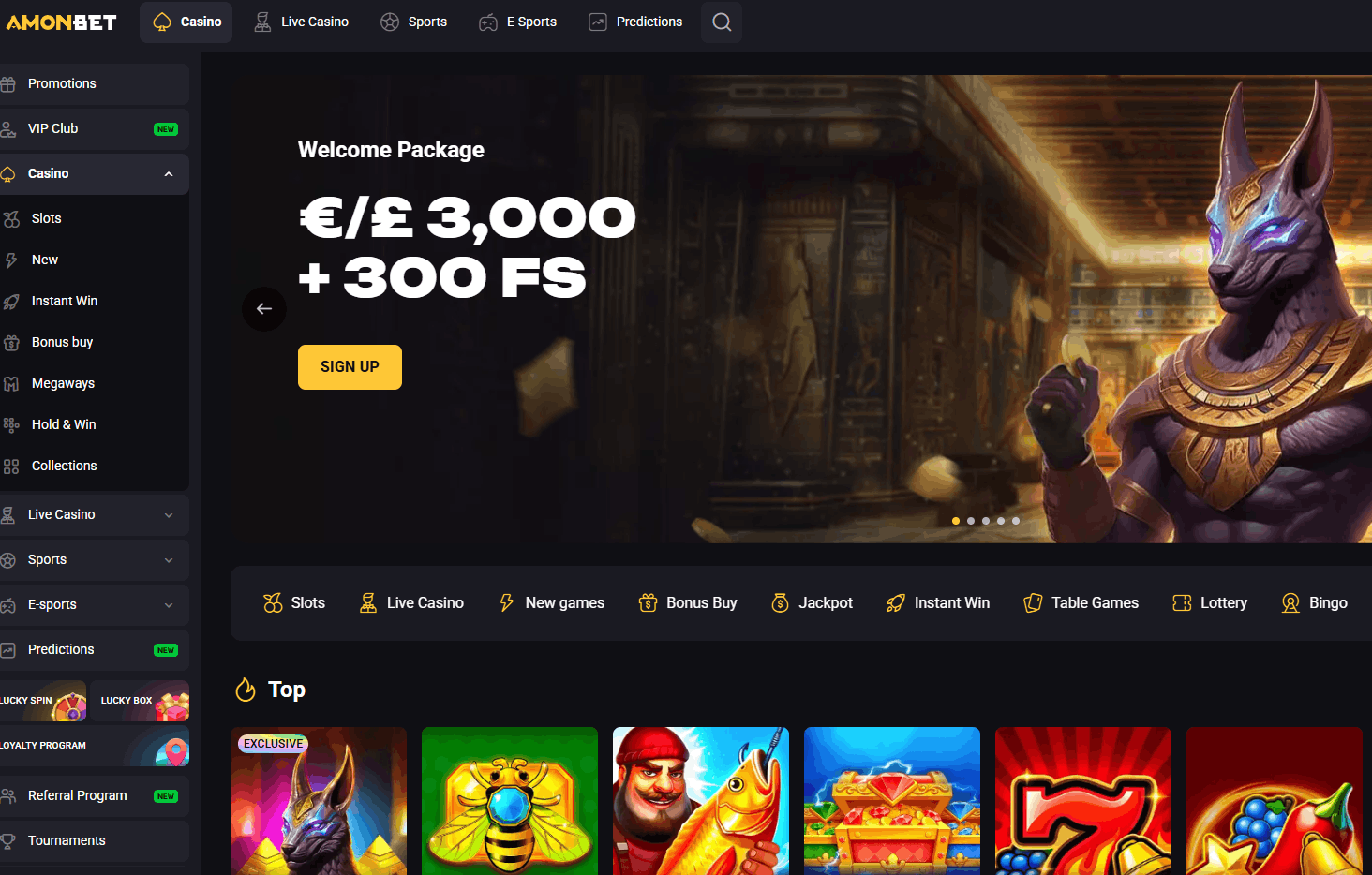 AmonBet Casino – Bono de bienvenida del 250% hasta €3.000 + 300 giros gratis