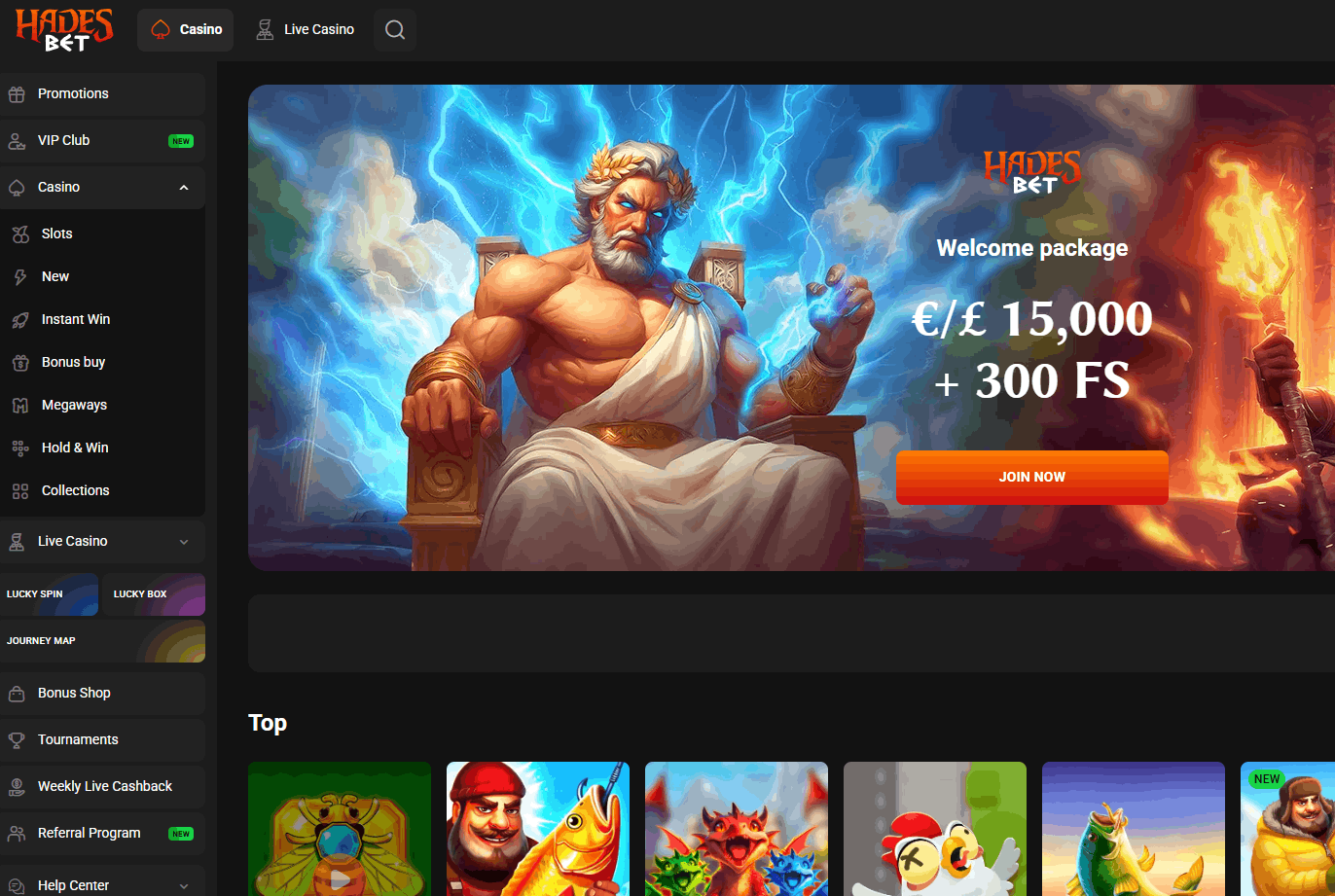 Hadesbet Casino – 400% hasta €15.000 + 300 giros gratis y 155 proveedores de juegos